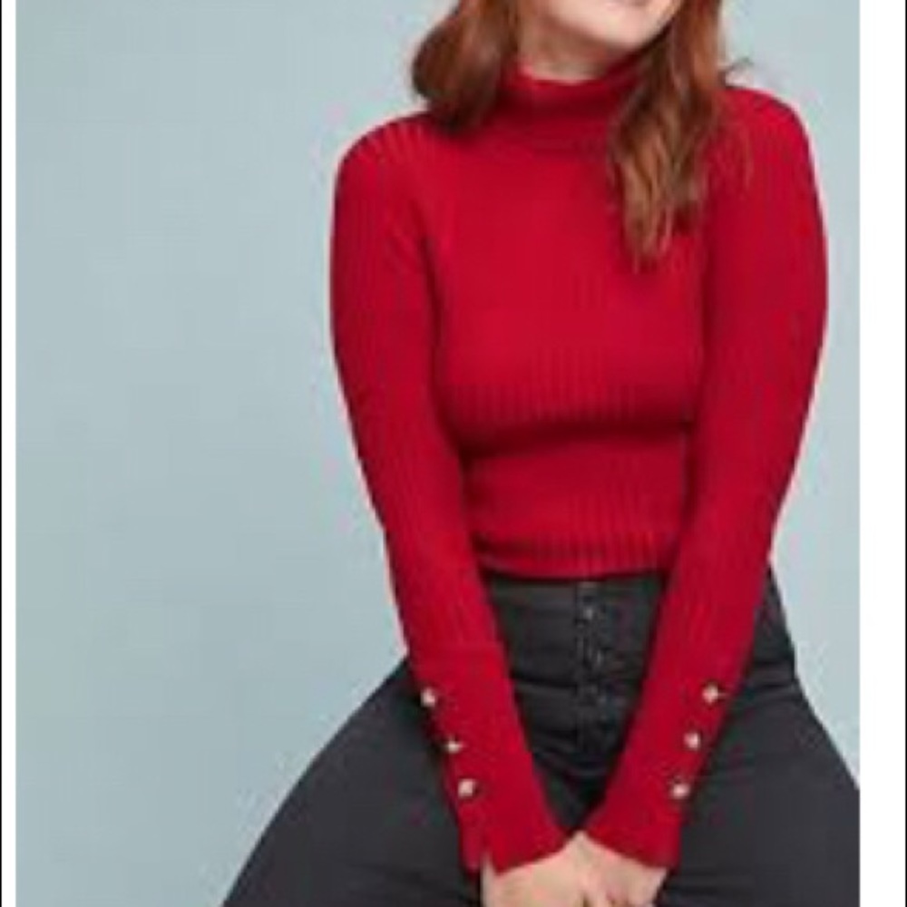 Fitted ribbed button sleeve layering turtle neck Anthropologie XS button cuffs